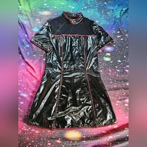 SEE PICS FOR CONDITION Size S Devil Fashion Black Shiny Vinyl Mini Dress